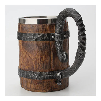 Jarra Taza Nordica Vikinga Barril Medieval Cerveza Café Té Marrón (aspecto Madera) Con Detalles Negro Y Plateado