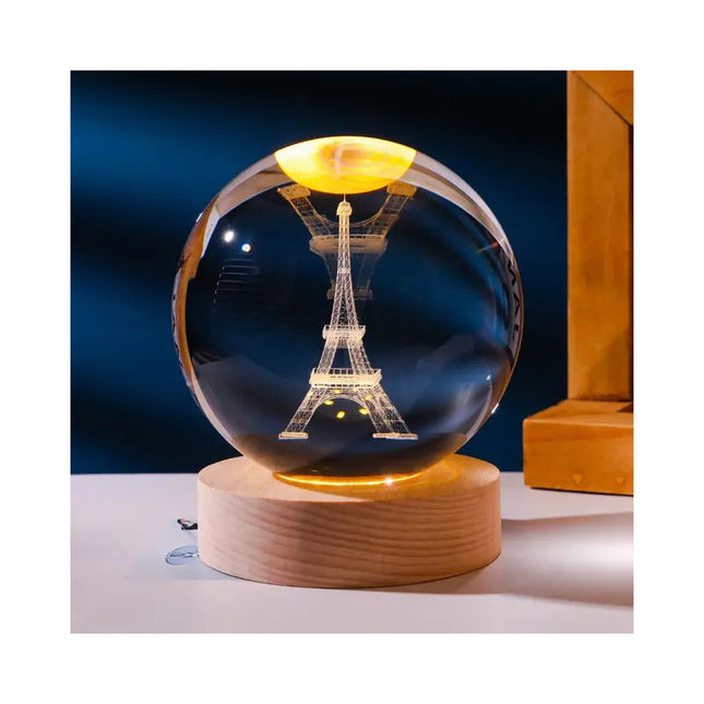 Lampara Bola Cristal Torre Eiffel Led Veladora Base Madera