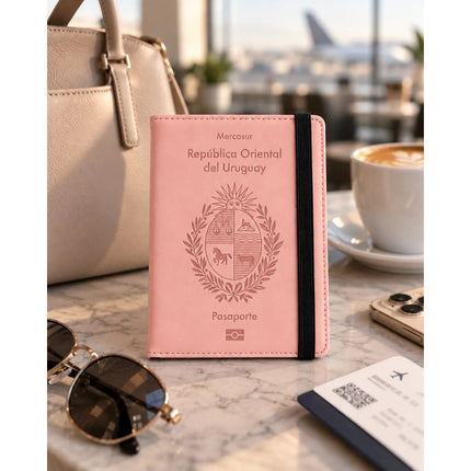 Funda Porta Pasaporte Rfid Organizador De Viaje Logo Uruguay Rosa Liso