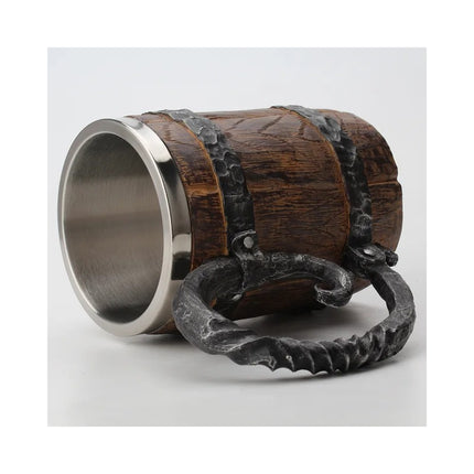 Jarra Taza Nordica Vikinga Barril Medieval Cerveza Café Té Marrón (aspecto Madera) Con Detalles Negro Y Plateado
