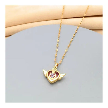 Collar De Dama Dorado Con Diseño De Corazón Con Alas Acero Dorado