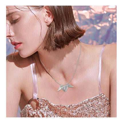 Collar Colgante Diseño De Corazón Enrejado Con Alas Plateado