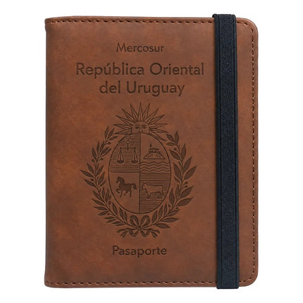 Funda Porta Pasaporte Rfid Organizador De Viaje Logo Uruguay Marrón Liso