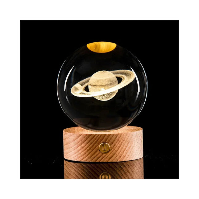 Lampara Bola Cristal Saturno Led Veladora Base Madera Usb
