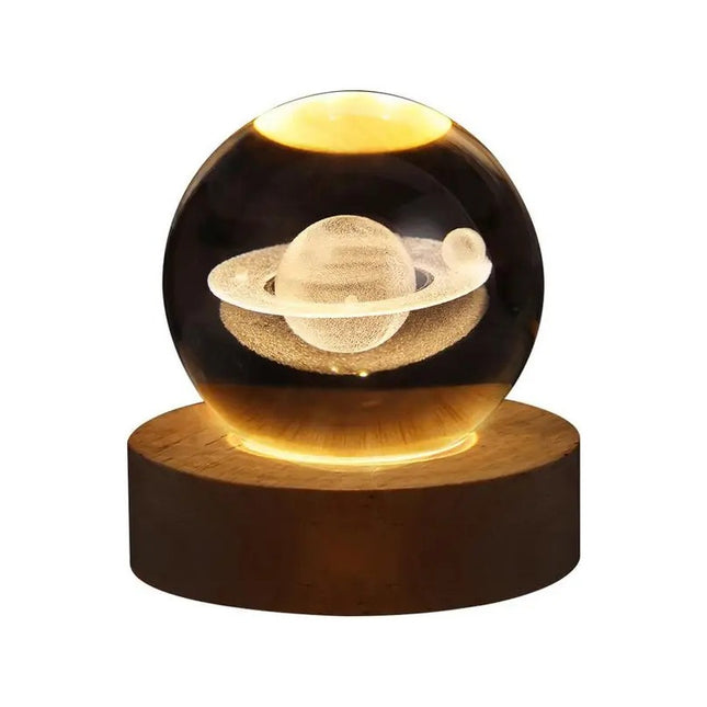 Lampara Bola Cristal Saturno Led Veladora Base Madera Usb