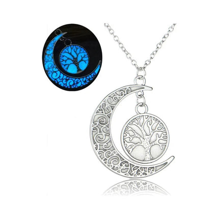 Collar Colgante Con Diseño De Media Luna Y Árbol Brillante Plateado