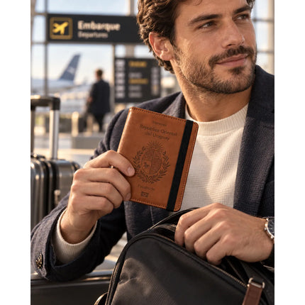 Funda Porta Pasaporte Rfid Organizador De Viaje Logo Uruguay Marrón Liso