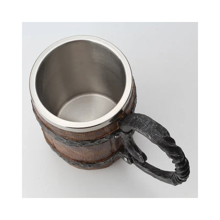 Jarra Taza Nordica Vikinga Barril Medieval Cerveza Café Té Marrón (aspecto Madera) Con Detalles Negro Y Plateado