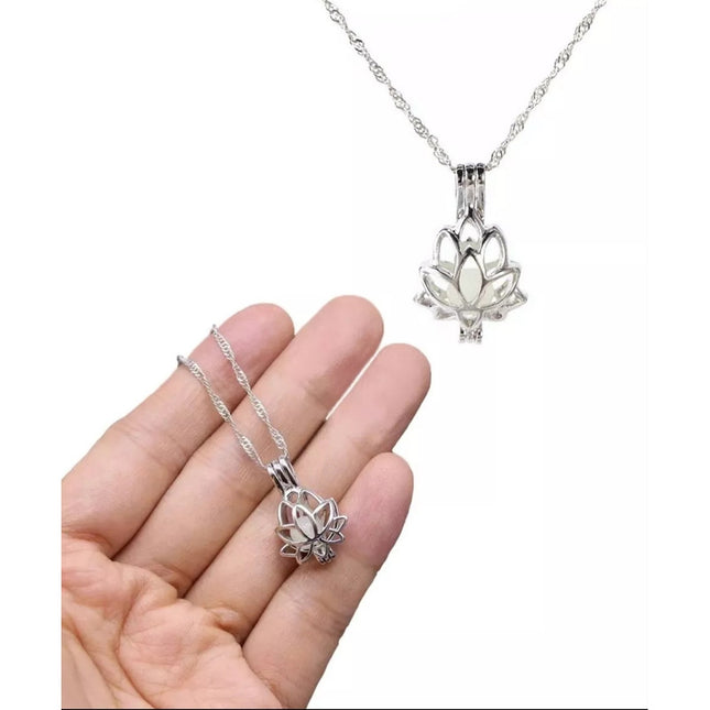 Collar Cadena Colgante Flor De Loto Fluorescente Verde Plateado