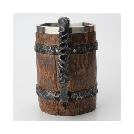 Jarra Taza Nordica Vikinga Barril Medieval Cerveza Café Té Marrón (aspecto Madera) Con Detalles Negro Y Plateado