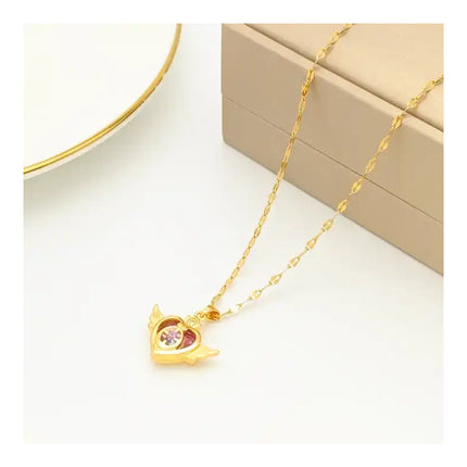 Collar De Dama Dorado Con Diseño De Corazón Con Alas Acero Dorado