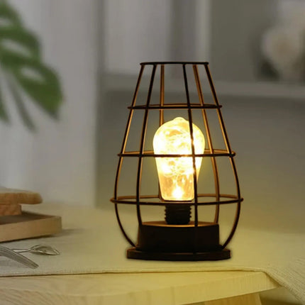 Lámpara De Noche De Hierro Vintage Led De Mesa A Pilas Negra Negro Cálido