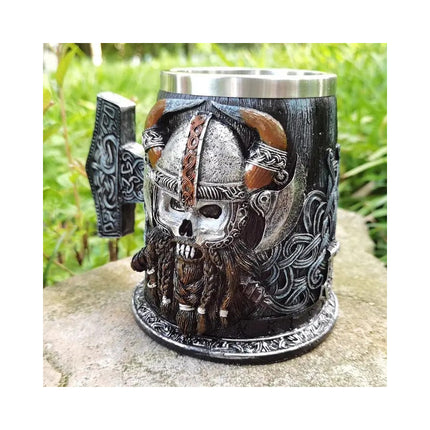 Jarra Taza Nórdica Vikingo Medieval Cerveza Café Té Gris Y Plateado