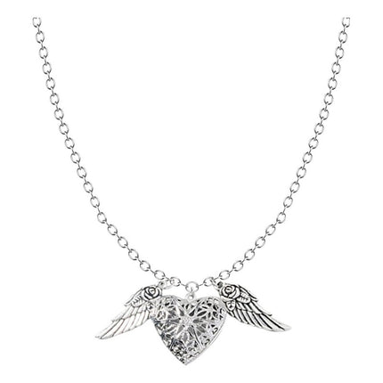Collar Colgante Diseño De Corazón Enrejado Con Alas Plateado
