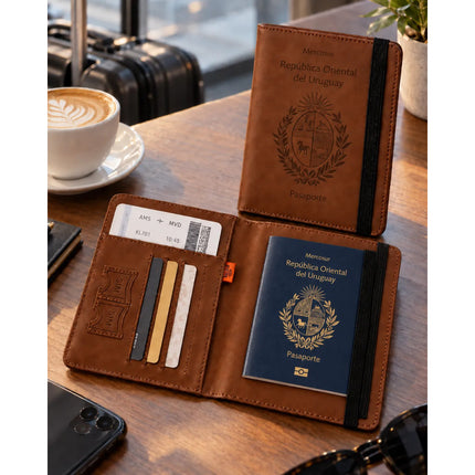 Funda Porta Pasaporte Rfid Organizador De Viaje Logo Uruguay Marrón Liso