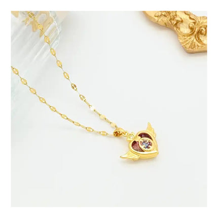 Collar De Dama Dorado Con Diseño De Corazón Con Alas Acero Dorado