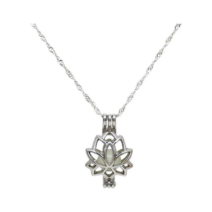 Collar Cadena Colgante Flor De Loto Fluorescente Verde Plateado