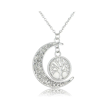 Collar Colgante Con Diseño De Media Luna Y Árbol Brillante Plateado