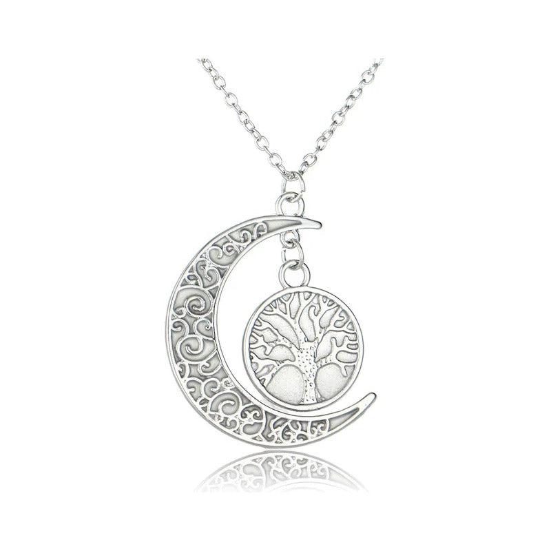 Collar Colgante Con Diseño De Media Luna Y Árbol Brillante