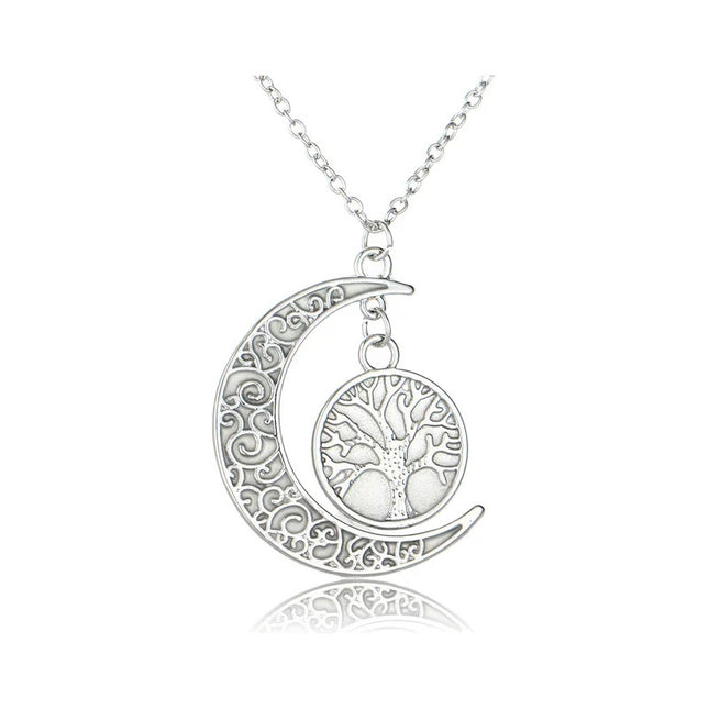 Collar Colgante Con Diseño De Media Luna Y Árbol Brillante