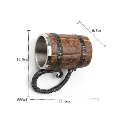 Jarra Taza Nordica Vikinga Barril Medieval Cerveza Café Té Marrón (aspecto Madera) Con Detalles Negro Y Plateado
