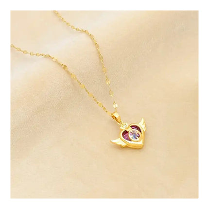 Collar De Dama Dorado Con Diseño De Corazón Con Alas Acero Dorado