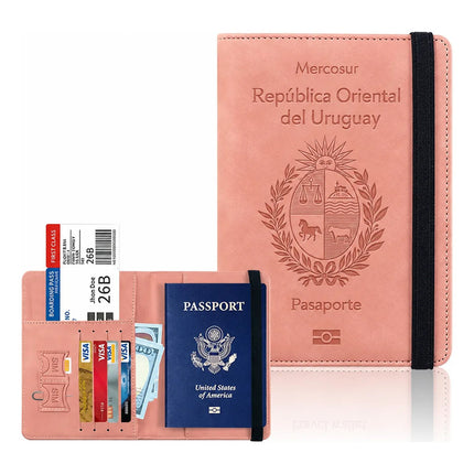 Funda Porta Pasaporte Rfid Organizador De Viaje Logo Uruguay Rosa Liso