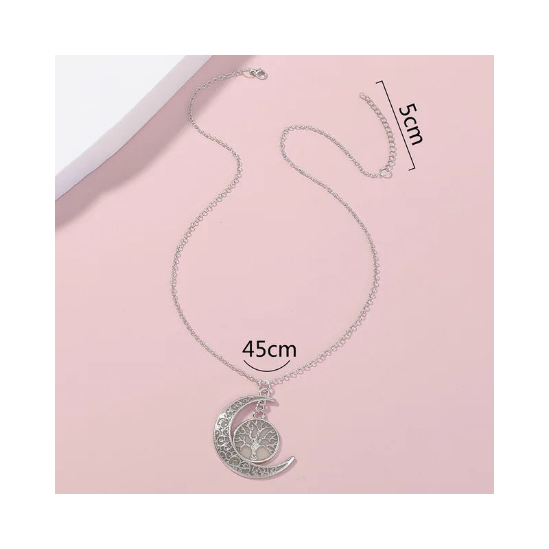 Collar Colgante Con Diseño De Media Luna Y Árbol Brillante