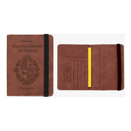 Funda Porta Pasaporte Rfid Organizador De Viaje Logo Uruguay Marrón Liso