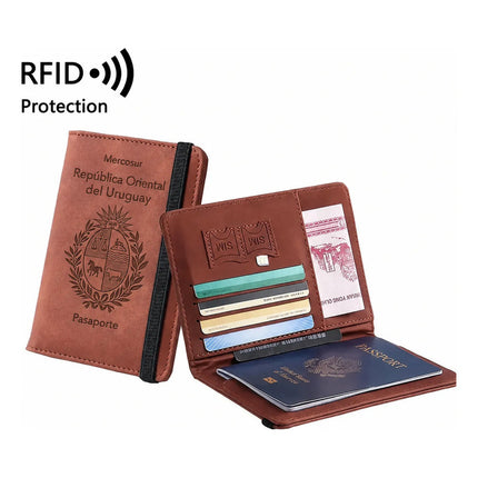 Funda Porta Pasaporte Rfid Organizador De Viaje Logo Uruguay Marrón Liso