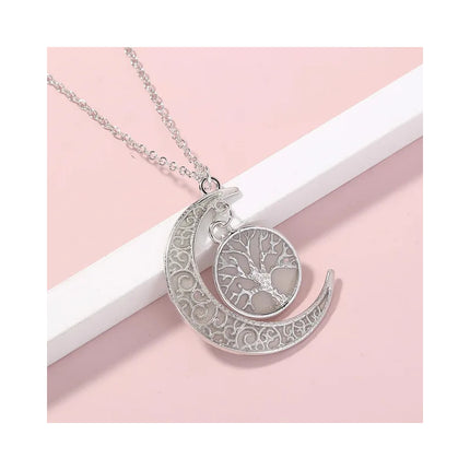 Collar Colgante Con Diseño De Media Luna Y Árbol Brillante Plateado