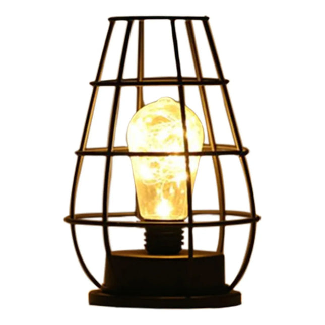 Lámpara De Noche De Hierro Vintage Led De Mesa A Pilas Negra