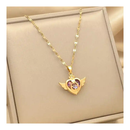 Collar De Dama Dorado Con Diseño De Corazón Con Alas Acero Dorado