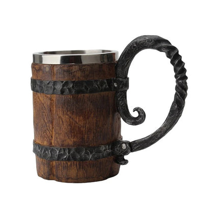 Jarra Taza Nordica Vikinga Barril Medieval Cerveza Café Té Marrón (aspecto Madera) Con Detalles Negro Y Plateado
