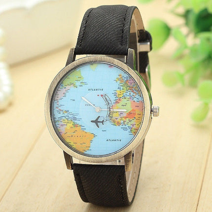 Reloj Con Mapa Mundo Y Avión Giratorio Unisex