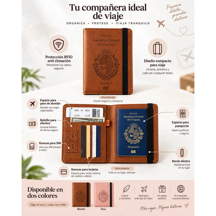 Funda Porta Pasaporte Rfid Organizador De Viaje Logo Uruguay Marrón Liso