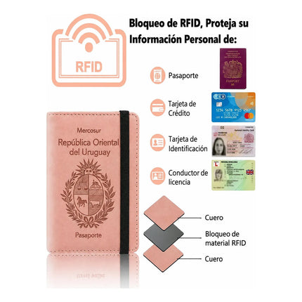 Funda Porta Pasaporte Rfid Organizador De Viaje Logo Uruguay Rosa Liso