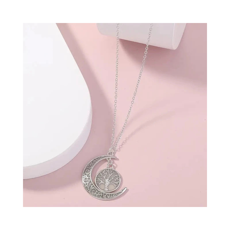 Collar Colgante Con Diseño De Media Luna Y Árbol Brillante