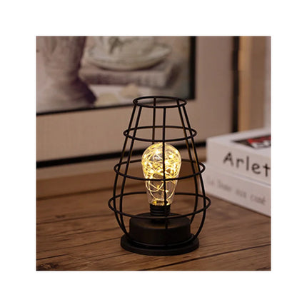 Lámpara De Noche De Hierro Vintage Led De Mesa A Pilas Negra Negro Cálido