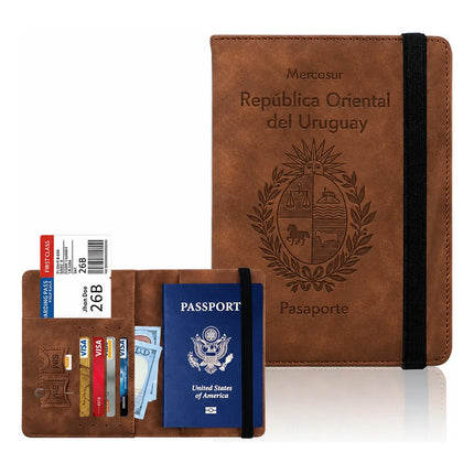 Funda Porta Pasaporte Rfid Organizador De Viaje Logo Uruguay Marrón Liso