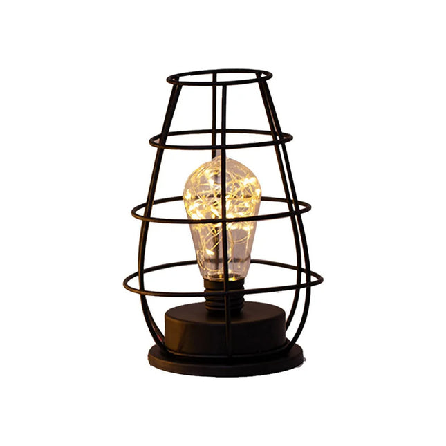 Lámpara De Noche De Hierro Vintage Led De Mesa A Pilas Negra