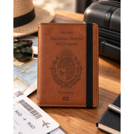 Funda Porta Pasaporte Rfid Organizador De Viaje Logo Uruguay Marrón Liso