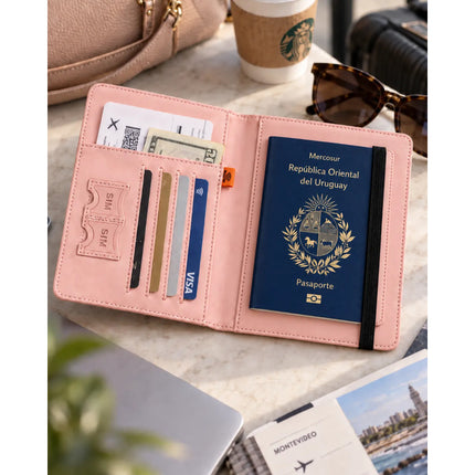 Funda Porta Pasaporte Rfid Organizador De Viaje Logo Uruguay Rosa Liso