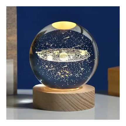 Lampara Bola Cristal Sistema Solar 8cm Veladora Base Madera Madera