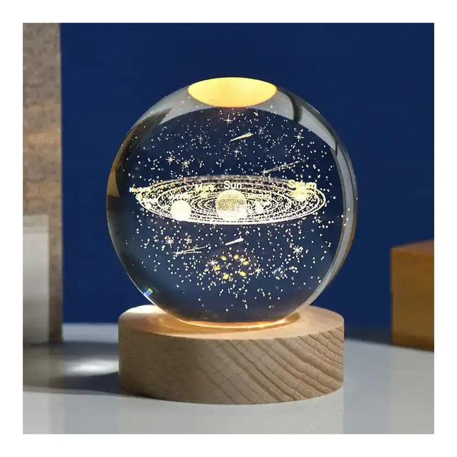 Lampara Bola Cristal Sistema Solar 8cm Veladora Base Madera