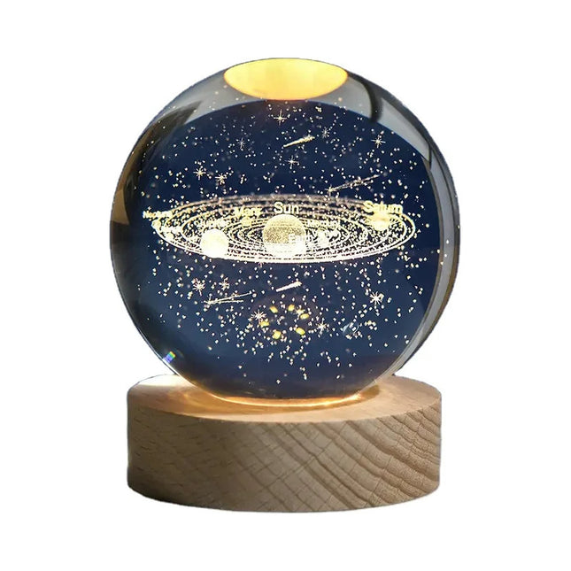 Lampara Bola Cristal Sistema Solar 8cm Veladora Base Madera