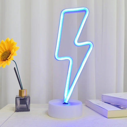 Lampara Velador Neon Luz Led A Pilas Forma De Rayo Con Base