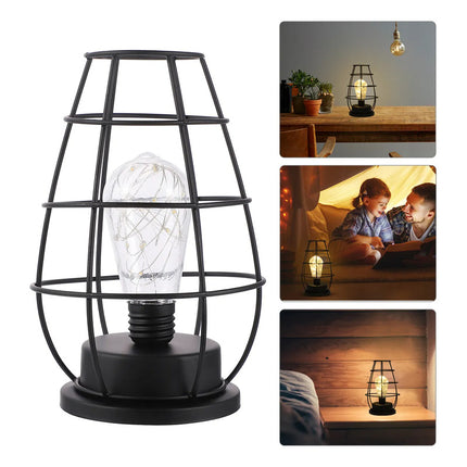 Lámpara De Noche De Hierro Vintage Led De Mesa A Pilas Negra Negro Cálido