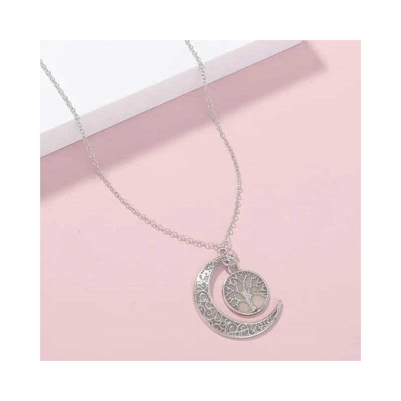 Collar Colgante Con Diseño De Media Luna Y Árbol Brillante