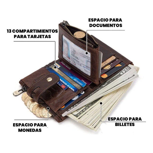 Billetera De Cuero Genuino Rfid Para Hombre Calidad Premium